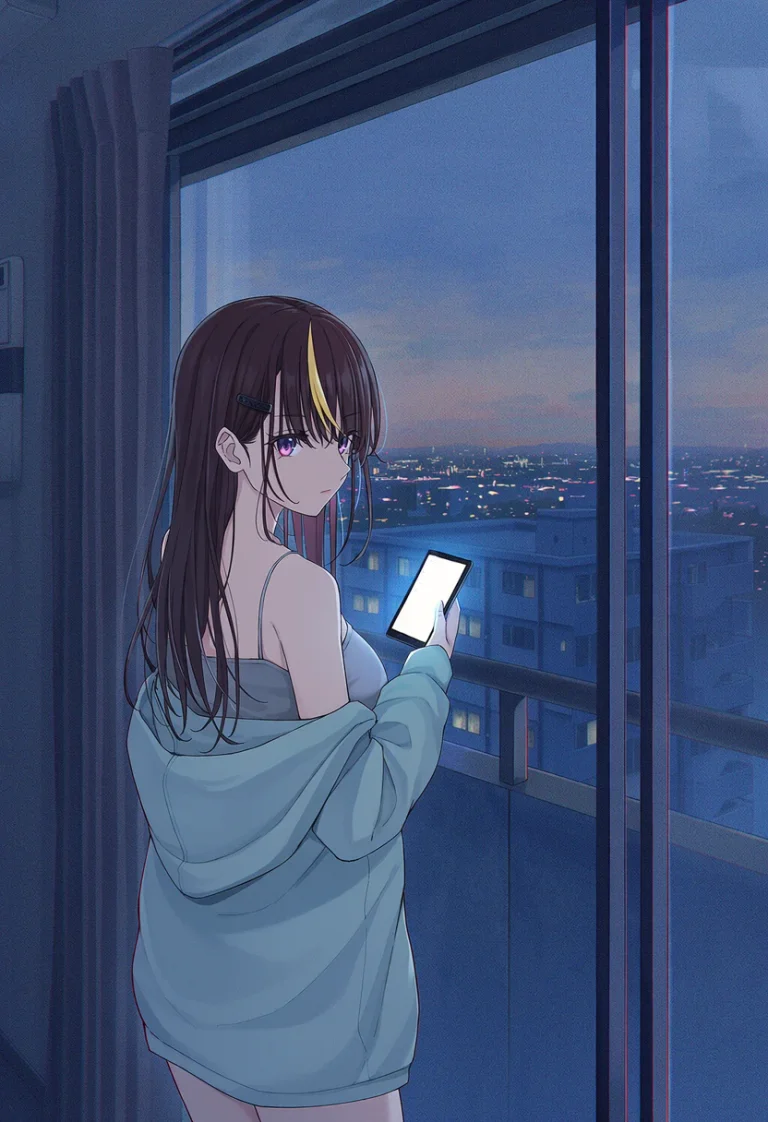 The woman seen from behind at a dusk apartment window in a loose blue hoodie and grey cami, holding a glowing phone, city lights beyond the glass.
