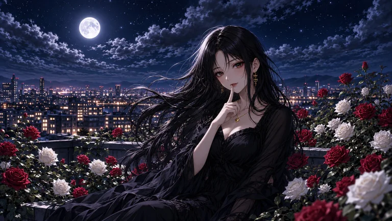 Aya stands among rooftop roses beneath the moon, a finger resting at her lips.