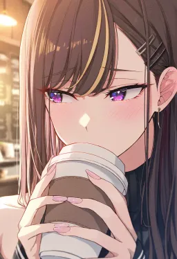Extreme close-up of her flushed face over a paper coffee cup, violet eyes glancing to the side, a wistful, restrained expression.