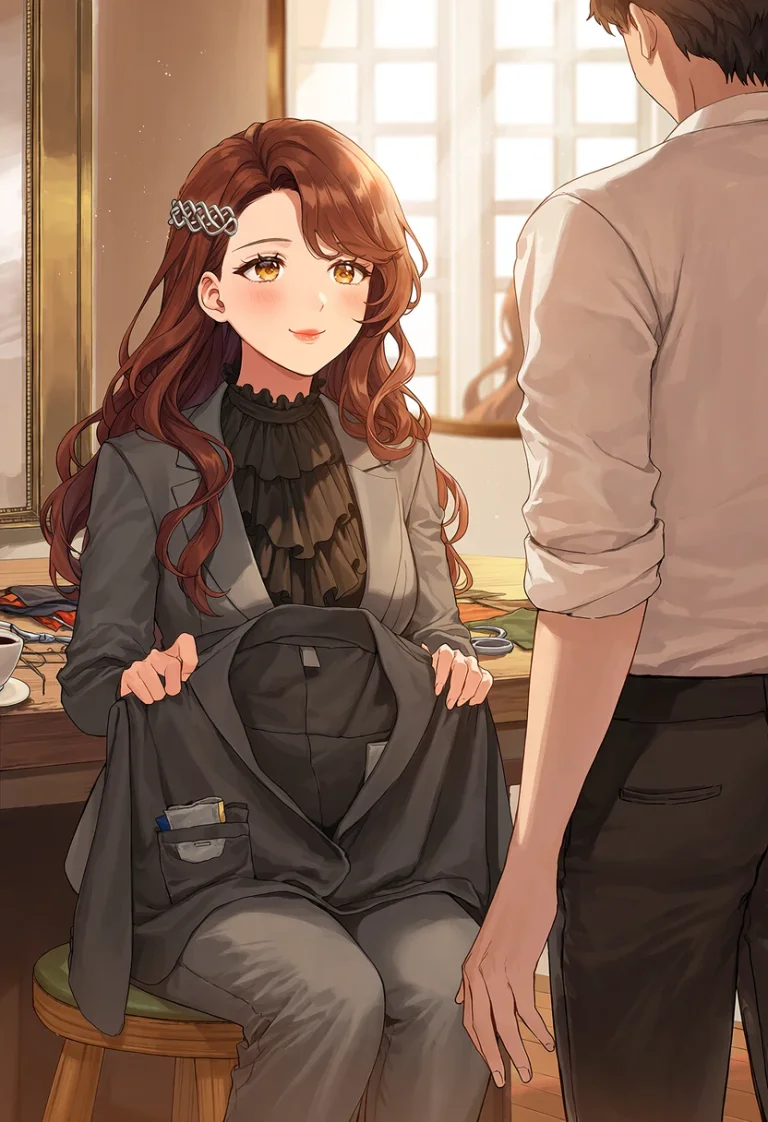 Vesper sits in her atelier and shows a hidden pocket inside a jacket to a customer standing in shirtsleeves.