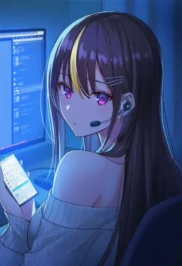 A young woman at a dim desk at night, headset on, phone in hand, monitors glowing blue behind her, glancing back over her shoulder.
