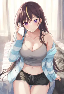 The woman on the edge of an unmade bed in bright morning light, a white phone to her ear, in a grey cami and open blue striped hoodie, blushing, looking straight at the viewer.