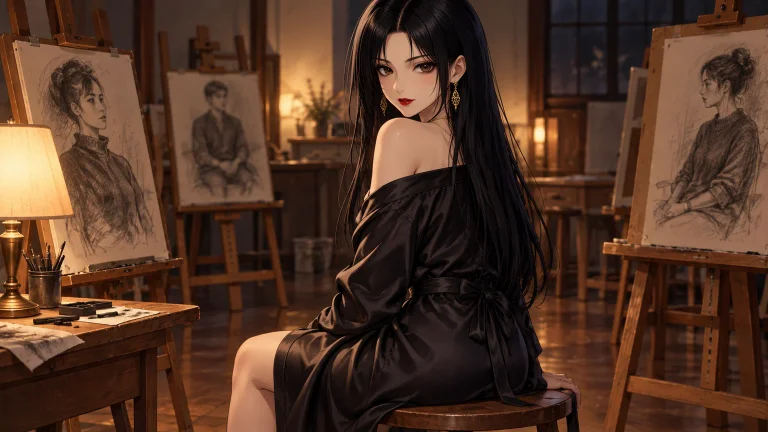 Aya looks back from the modeling stool in the empty, warmly lit drawing studio.