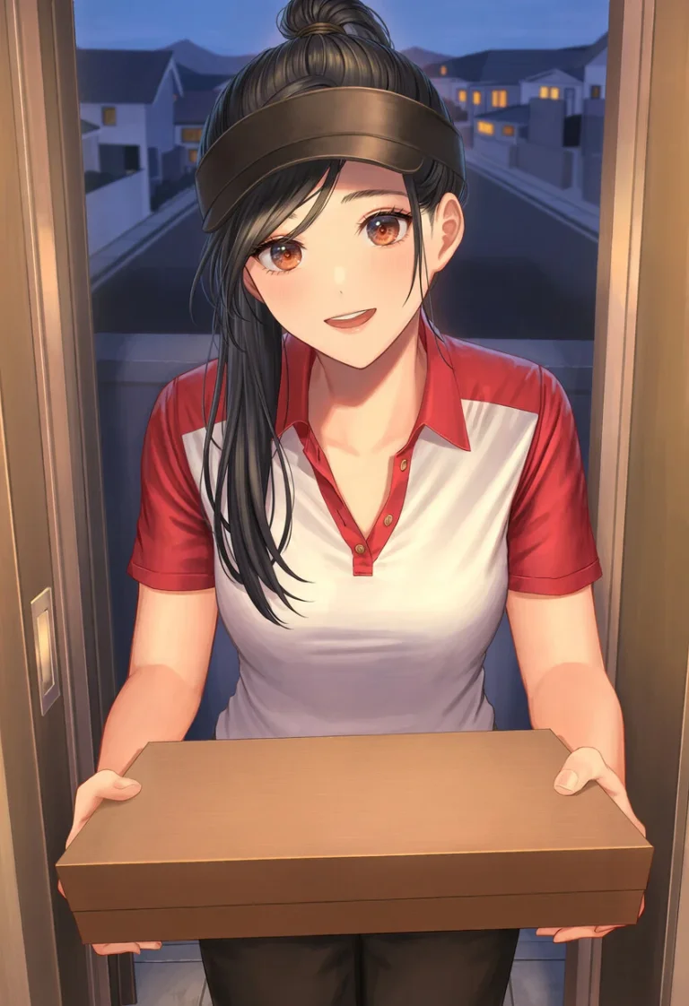 Mila smiles at the viewer in the open doorway, offering a closed pizza box in her red-and-white uniform and black visor.
