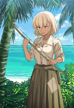 A young castaway, hair only partly sun-bleached and her own clothes torn and patched, awkwardly drawing a crude handmade bow at the jungle's edge.