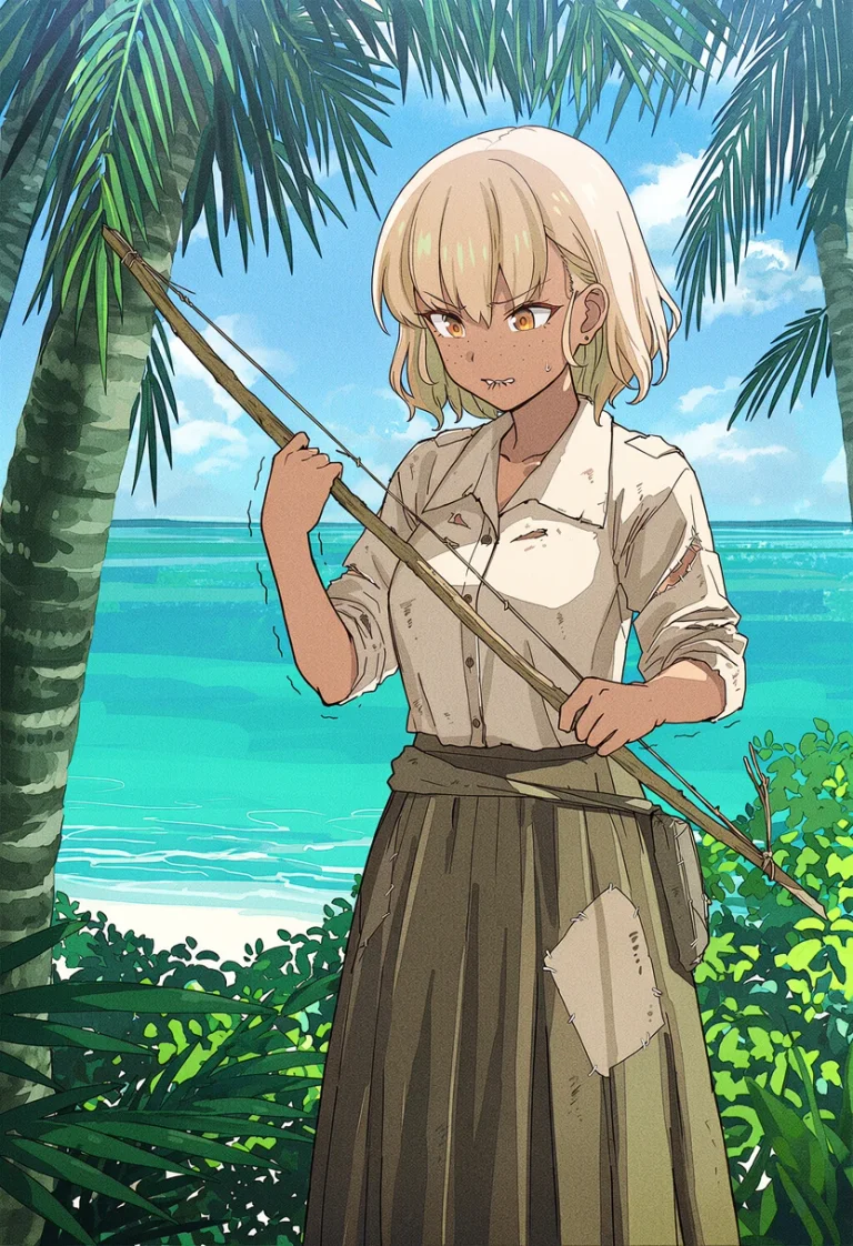 A young castaway, hair only partly sun-bleached and her own clothes torn and patched, awkwardly drawing a crude handmade bow at the jungle's edge.