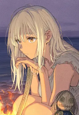 Elin by a small driftwood fire at dusk in a torn pale top, one hand resting on a tally-marked driftwood stake, a small button-eyed rag doll beside her.