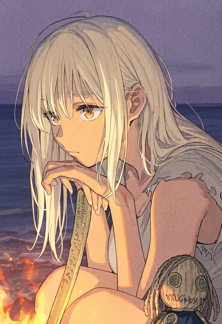 Elin by a small driftwood fire at dusk in a torn pale top, one hand resting on a tally-marked driftwood stake, a small button-eyed rag doll beside her.