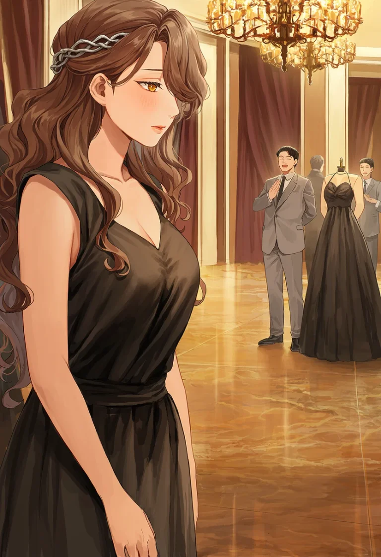 Vesper watches from the side of a golden ballroom as her grey-suited business partner receives attention beside a displayed gown.