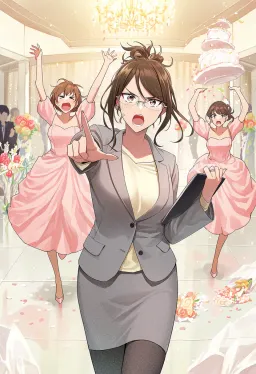The planner shouts and points, taking command in the centre while two pink-dressed bridesmaids panic around her and one catches a toppling tiered wedding cake, petals scattered across the floor.