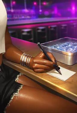 Close-up of a hand in stacked silver bangles writing on a cocktail napkin at the bar beside the ice well, empty stools blurred in violet neon behind.
