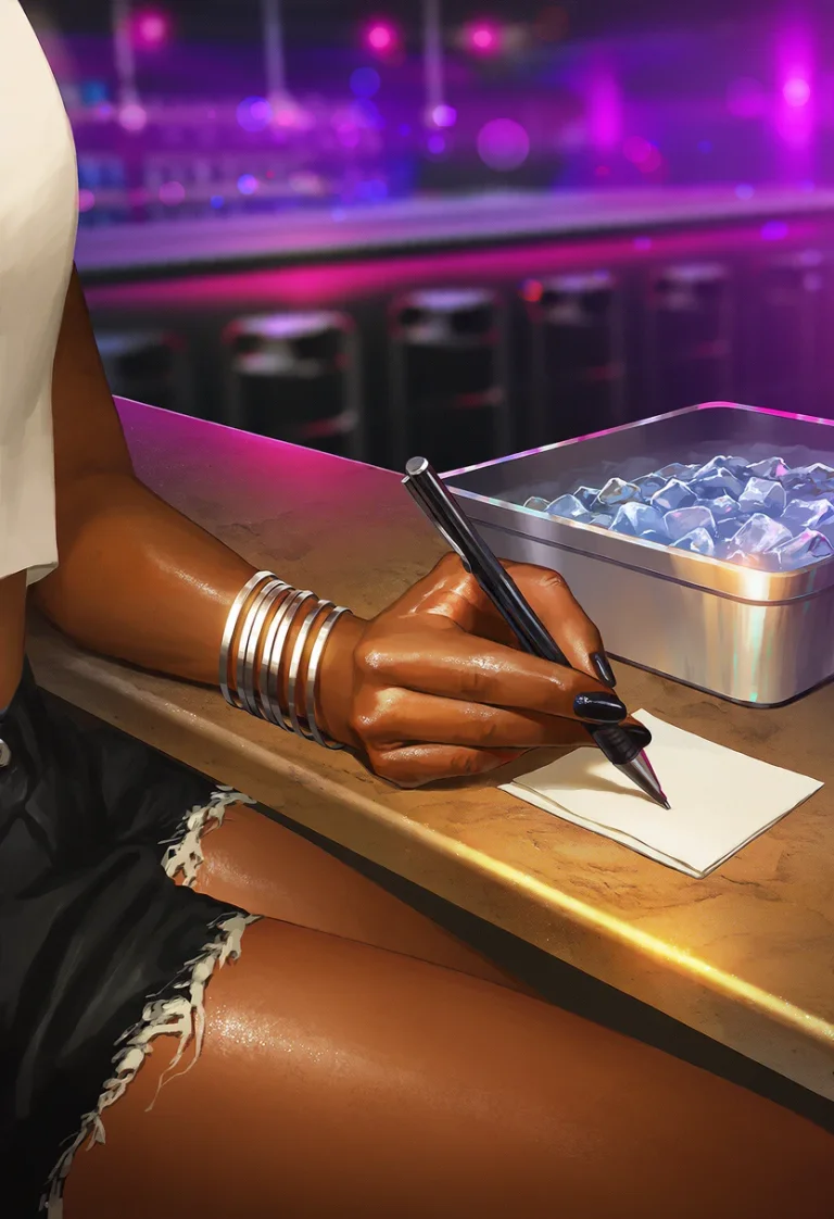 Close-up of a hand in stacked silver bangles writing on a cocktail napkin at the bar beside the ice well, empty stools blurred in violet neon behind.