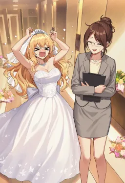 A blonde bride in a white gown throws a tantrum with her arms raised while the planner stands beside her clutching her clipboard behind a strained, closed-eye professional smile.