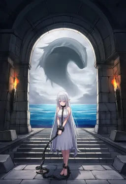 Andromeda taken in chains at a temple threshold, the monster's shadow on the water beyond
